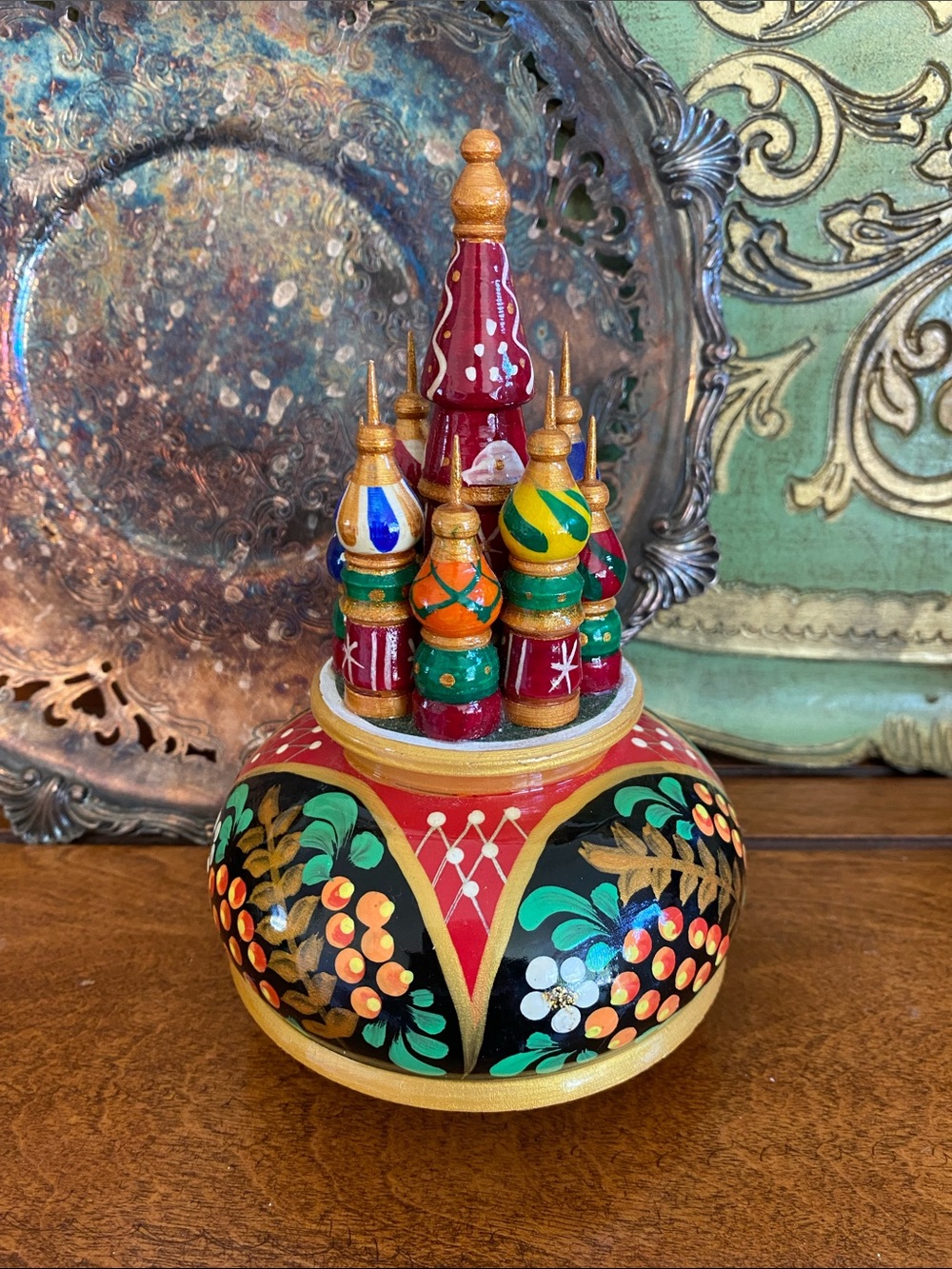 Hand-Painted Vintage Folk Art Boho Artisan Floral Religious Russian Music Box